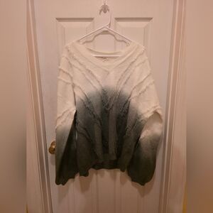 Ombre V-Neck Fringe Detail Sweater - White to Green